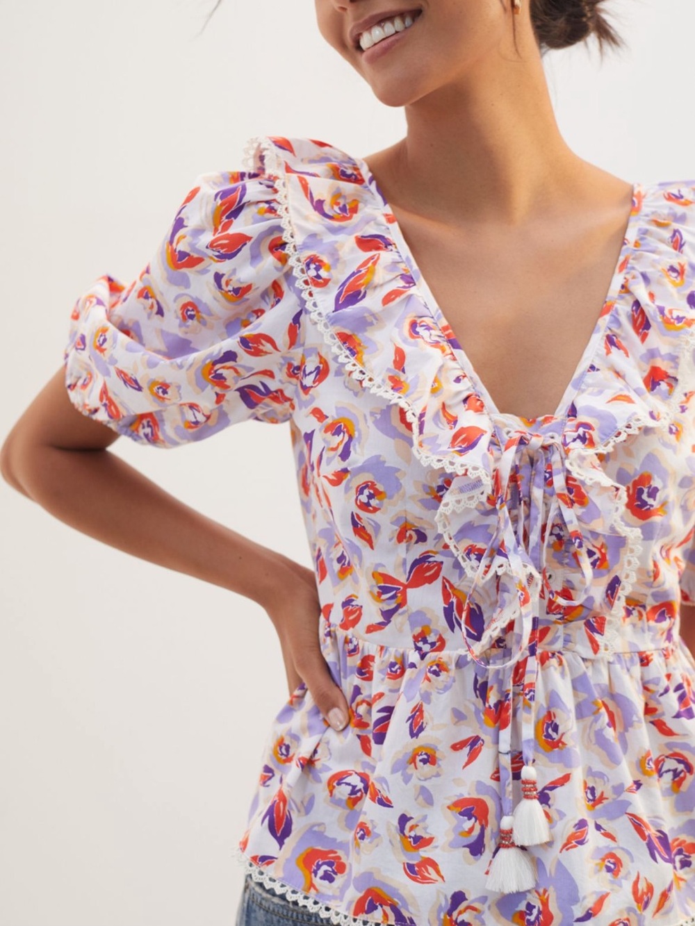 Anthropologie Lavender Floral Tie-Front Blouse with Tassels